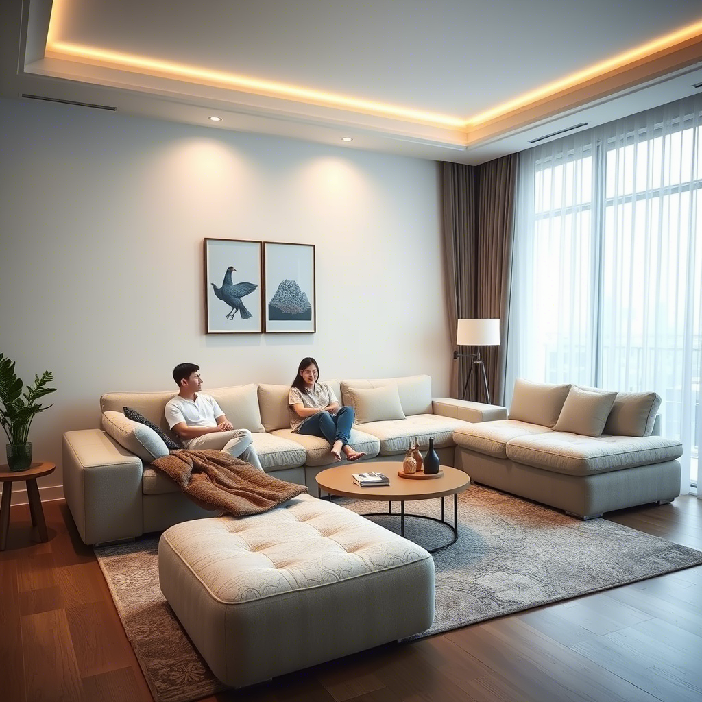 A cozy living room featuring a plush memory foam sofa from a top Chinese manufacturer, with people relaxing.