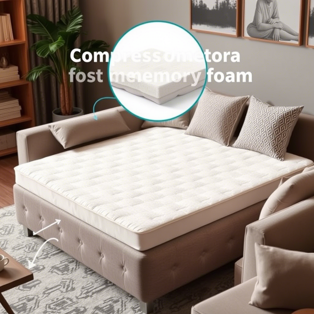 A cozy living room with a compressed sofa featuring memory foam padding, surrounded by pillows and a cup of coffee.