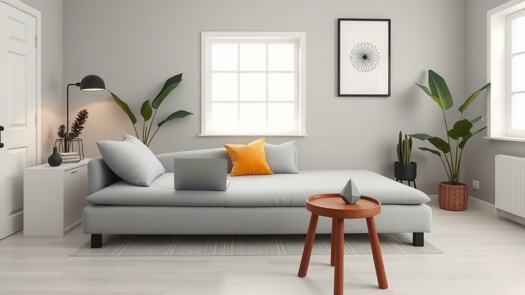 A cozy memory foam sofa in a minimalist home office with a laptop and plants