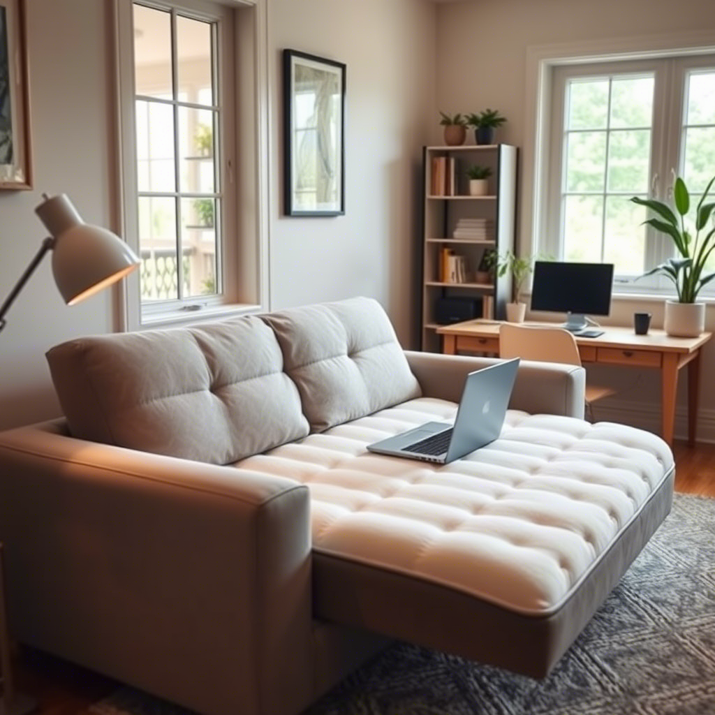 A cozy memory foam sofa in a warm, cozy home office with a laptop on it