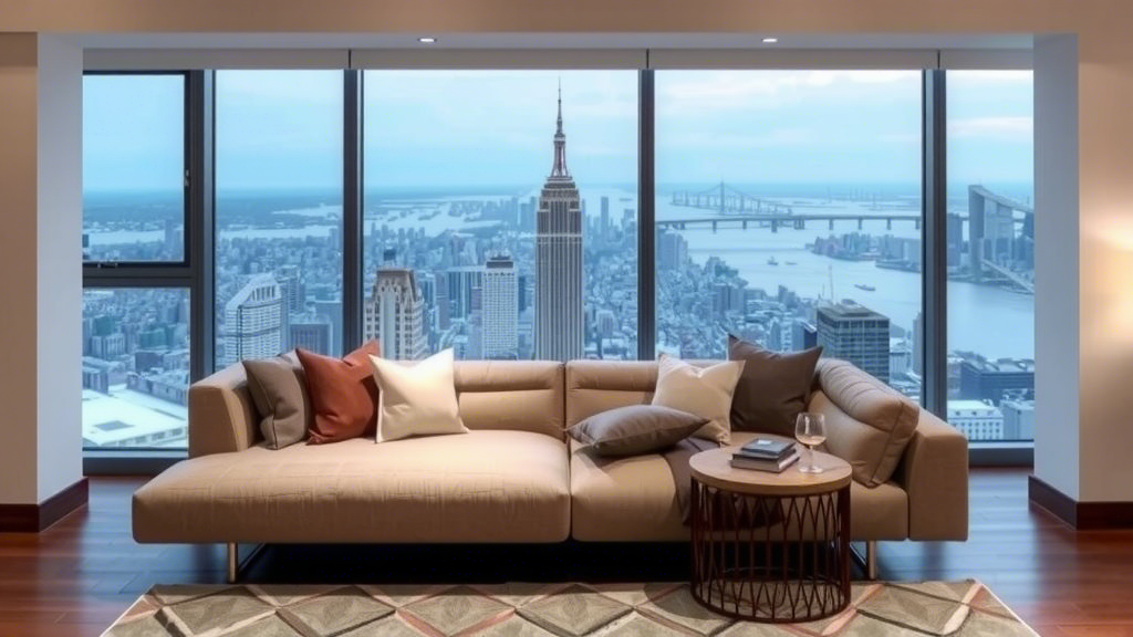 A luxurious memory foam sofa in a modern living room with a city view