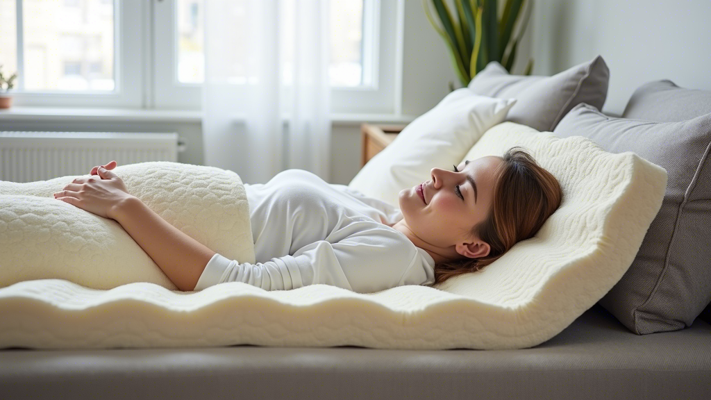 A memory foam sofa with a person sinking into it, highlighting the contouring effect.