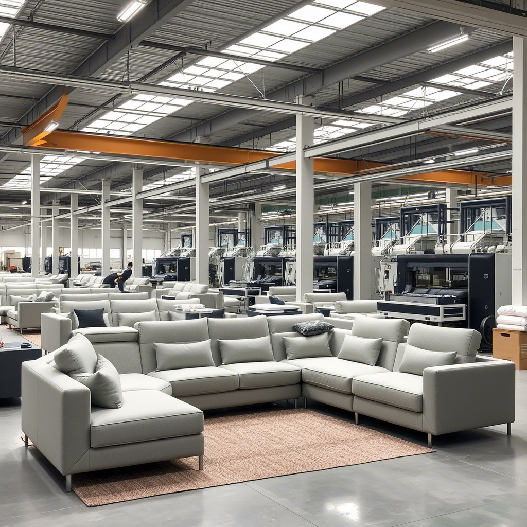A modern Chinese factory producing memory foam sofas with sleek designs and advanced machinery.