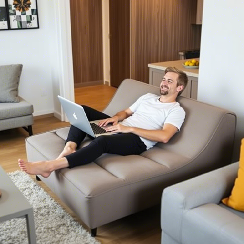 A person relaxing on a compact, memory foam padded sofa in a small, modern apartment with a laptop on their lap.