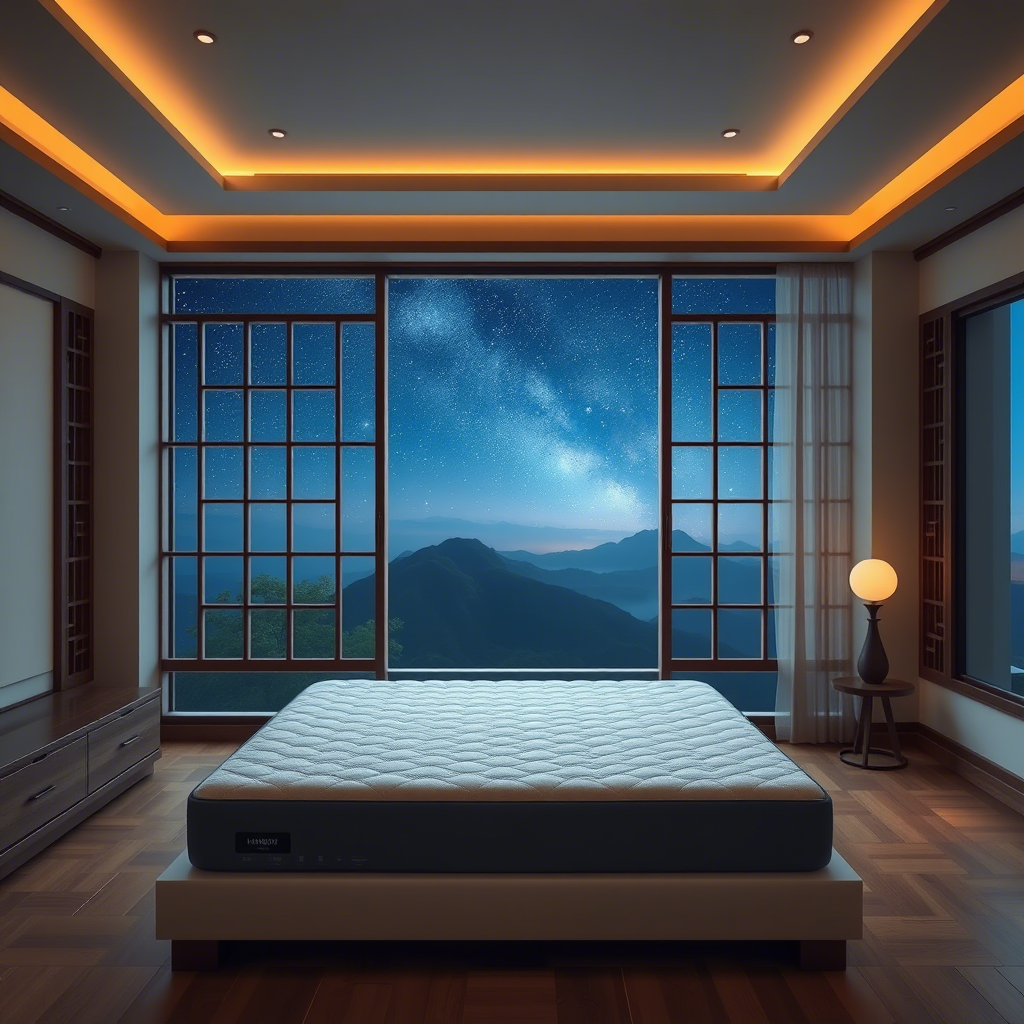 A serene Chinese bedroom with a memory foam mattress and a peaceful night sky visible through the window.