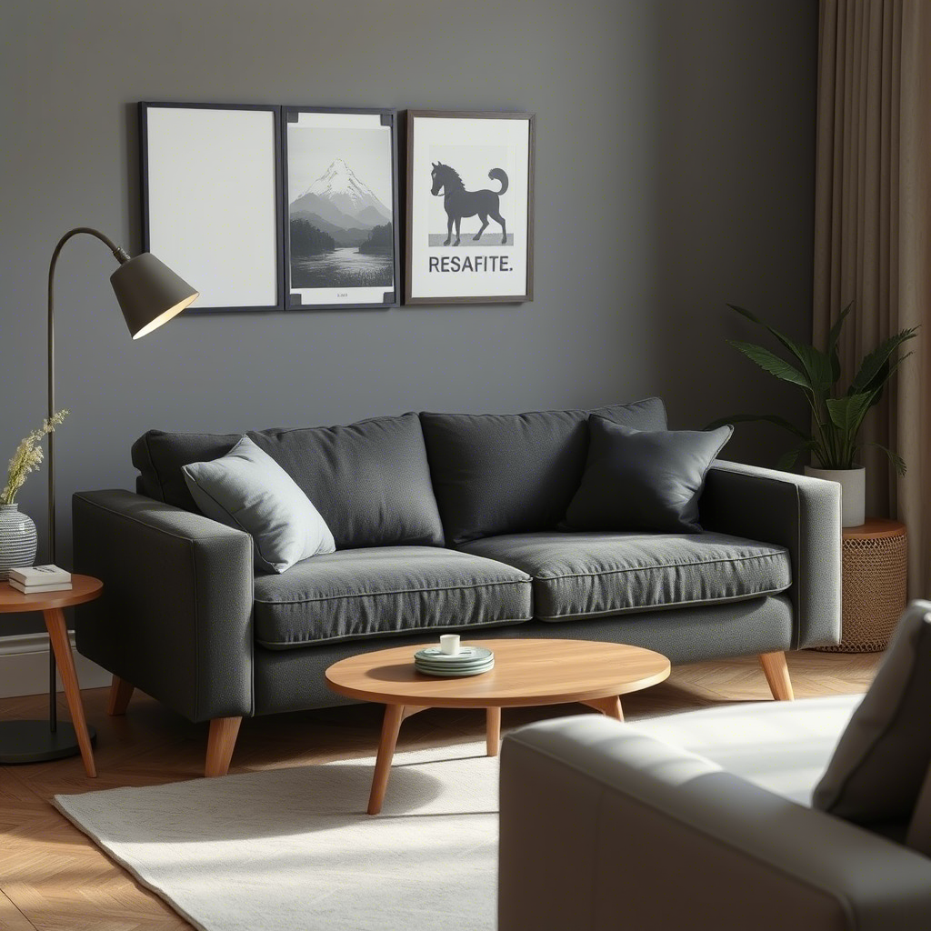A small, modern compressed sofa in a cozy living room