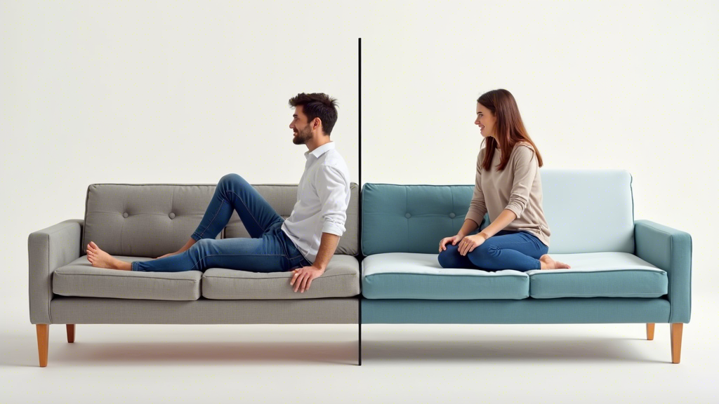 A split-screen comparison of a person sitting on a traditional sofa versus a memory foam sofa.
