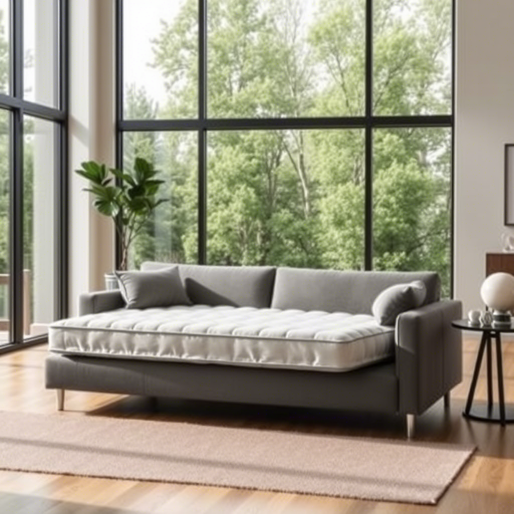 Compressed memory foam sofa in a modern home with large windows, highlighting its versatility and comfort
