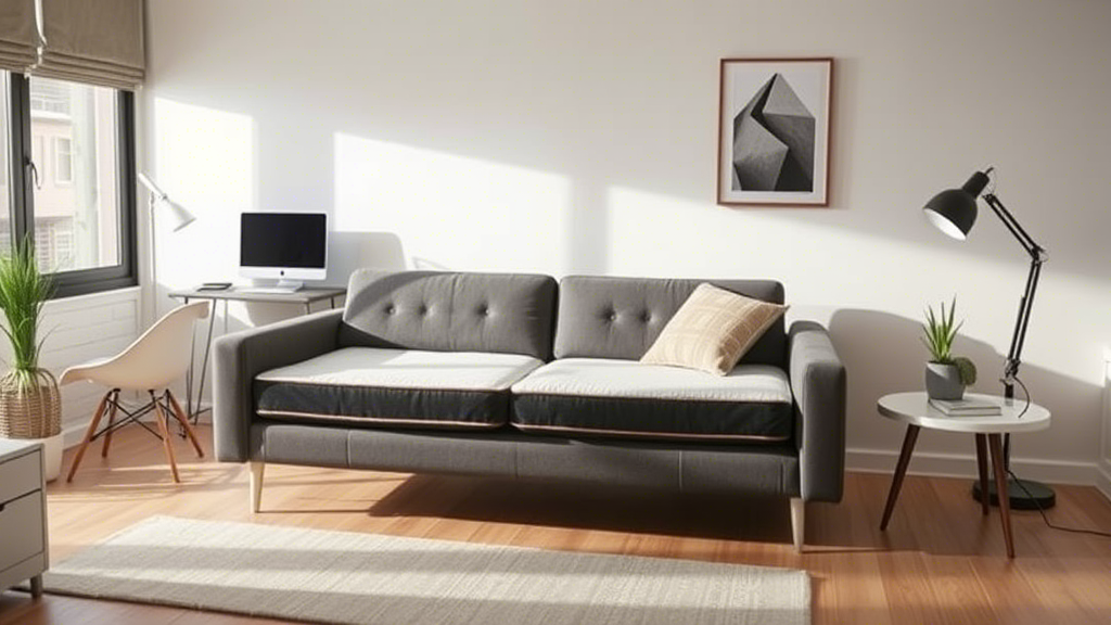 A cozy compressed memory foam sofa incorporated into a trendy home office setup, highlighting its multifunctionality.