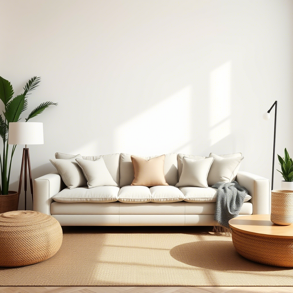 Cozy compressed sofa with pillows in a minimalist living room, showcasing a perfect blend of comfort and style