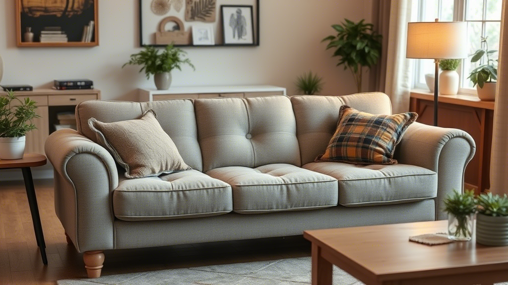 Cozy memory foam sofa in a warm and inviting living room setting, featuring warm lighting and plush decor