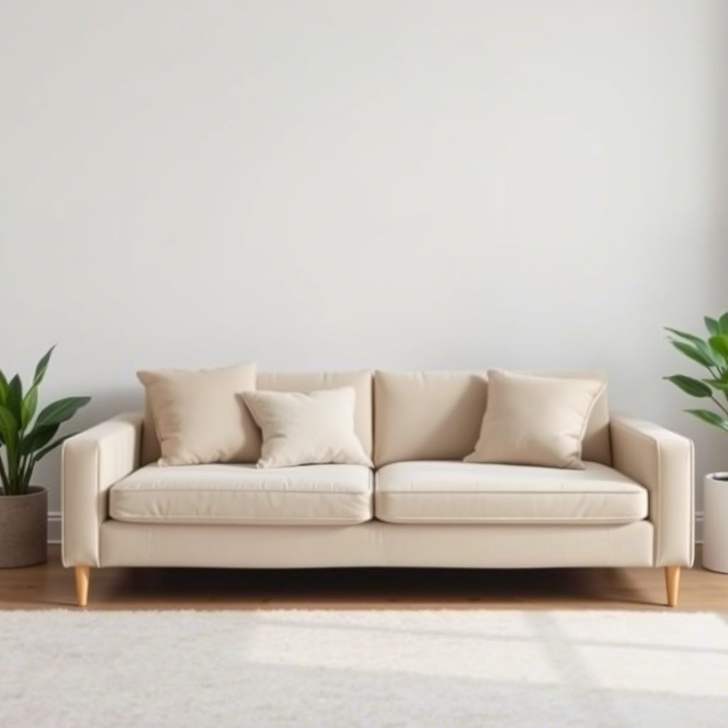 A modern minimalist living room featuring a sleek memory foam sofa adorned with plush pillows, creating a cozy and inviting atmosphere.