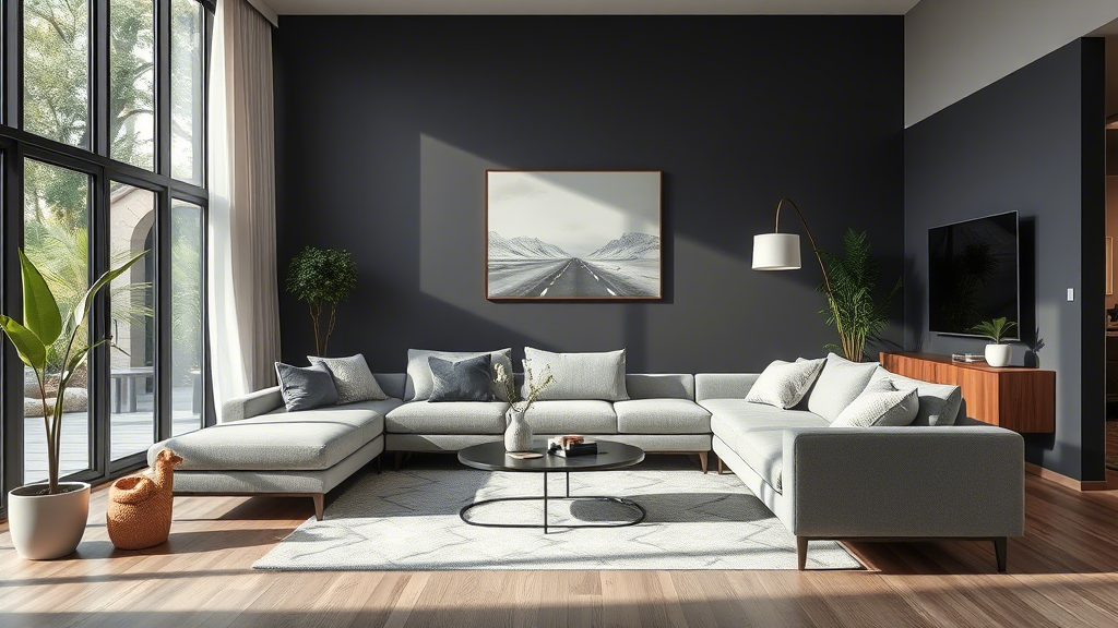 Modern living room with memory foam sofa and minimalist decor, showcasing a sleek and sophisticated design