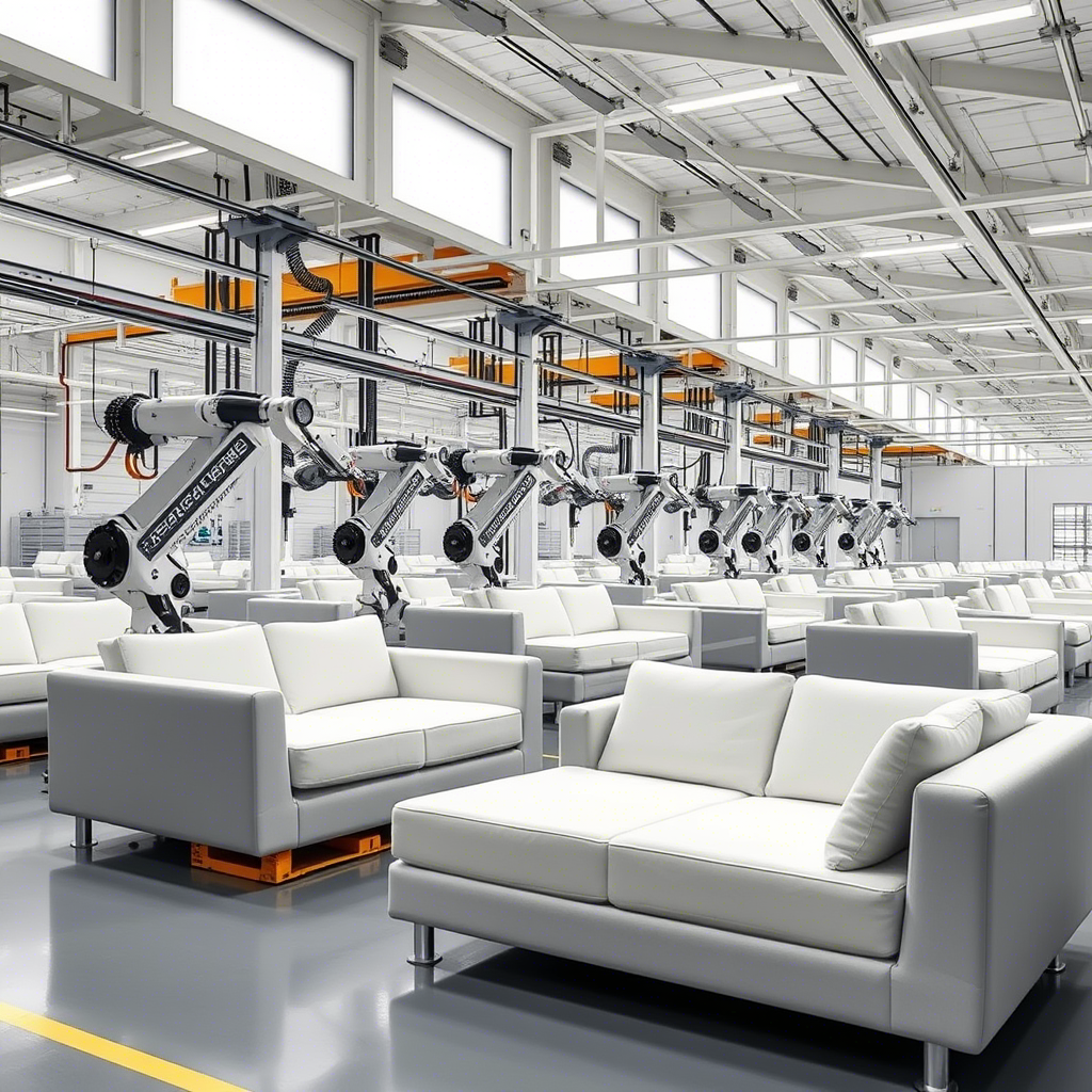 A Chinese factory producing memory foam sofas with robots and automation in a sleek, modern setting.