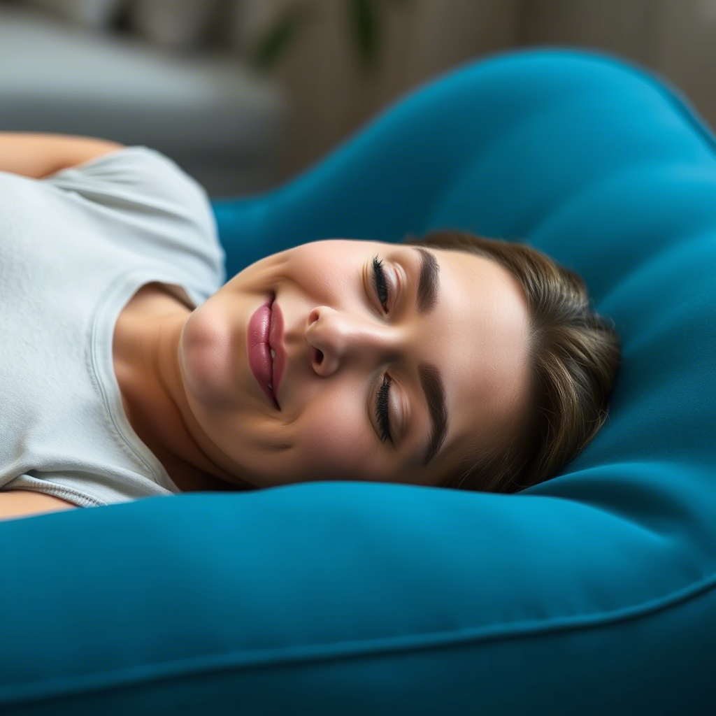 A close-up of a person relaxing on a contoured memory foam sofa with a calm expression.