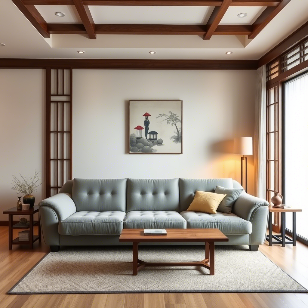 A cozy Chinese-style home featuring a comfortable, ergonomic memory foam sofa.