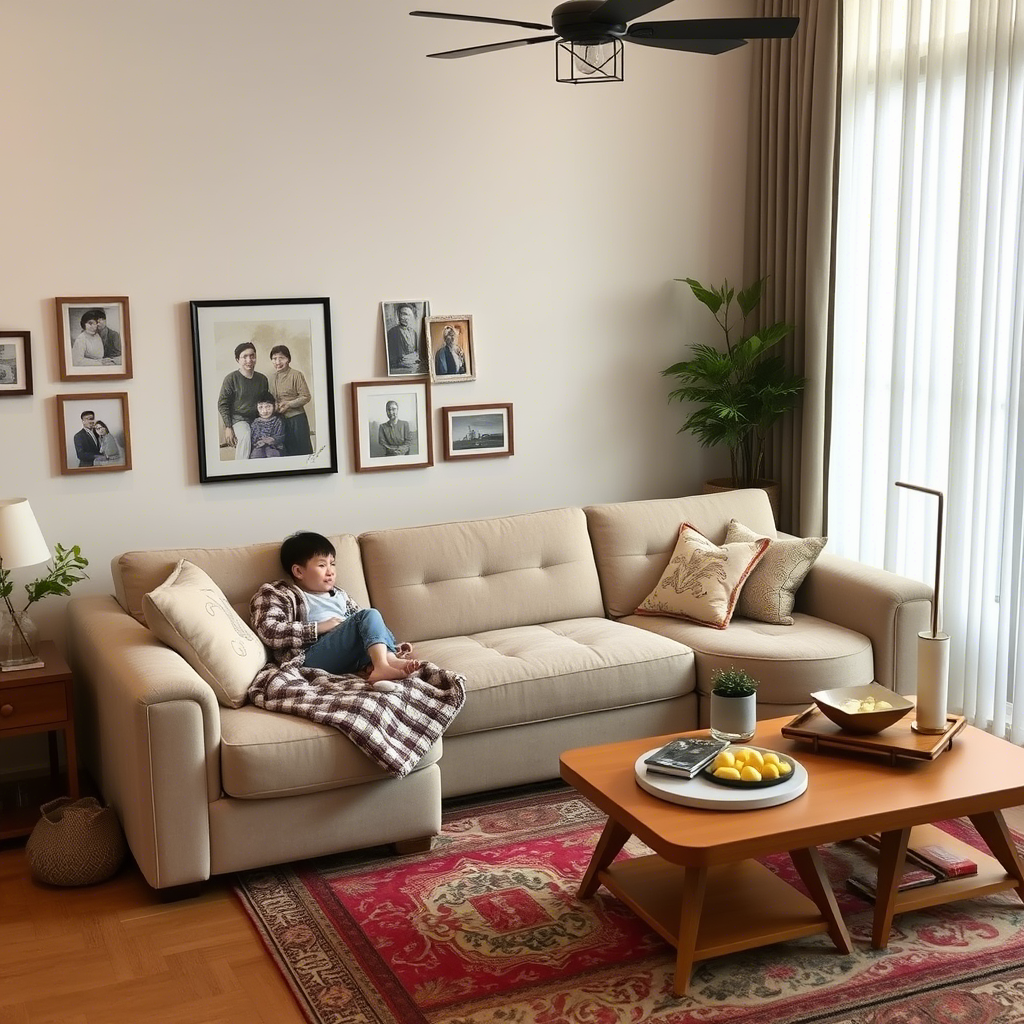 A cozy living room with a China-made memory foam sofa, surrounded by family photos and warm decor