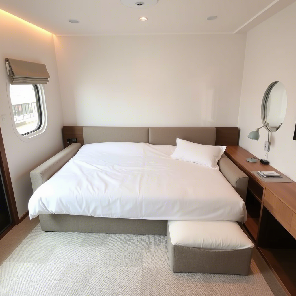 A cozy, minimalist bedroom featuring a multifunctional sofa bed, blending seamlessly into a compact space.