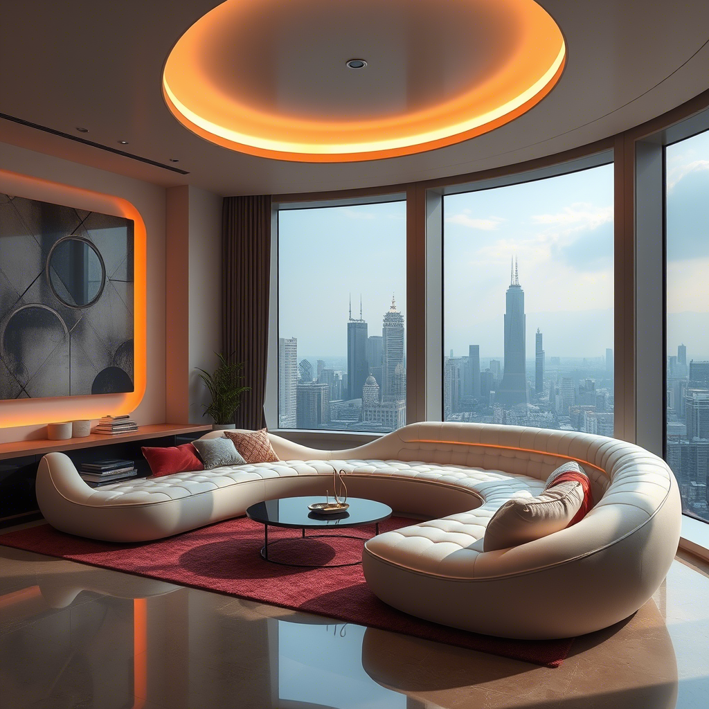 A futuristic Chinese living room featuring a memory foam sofa, with a cityscape outside the window.