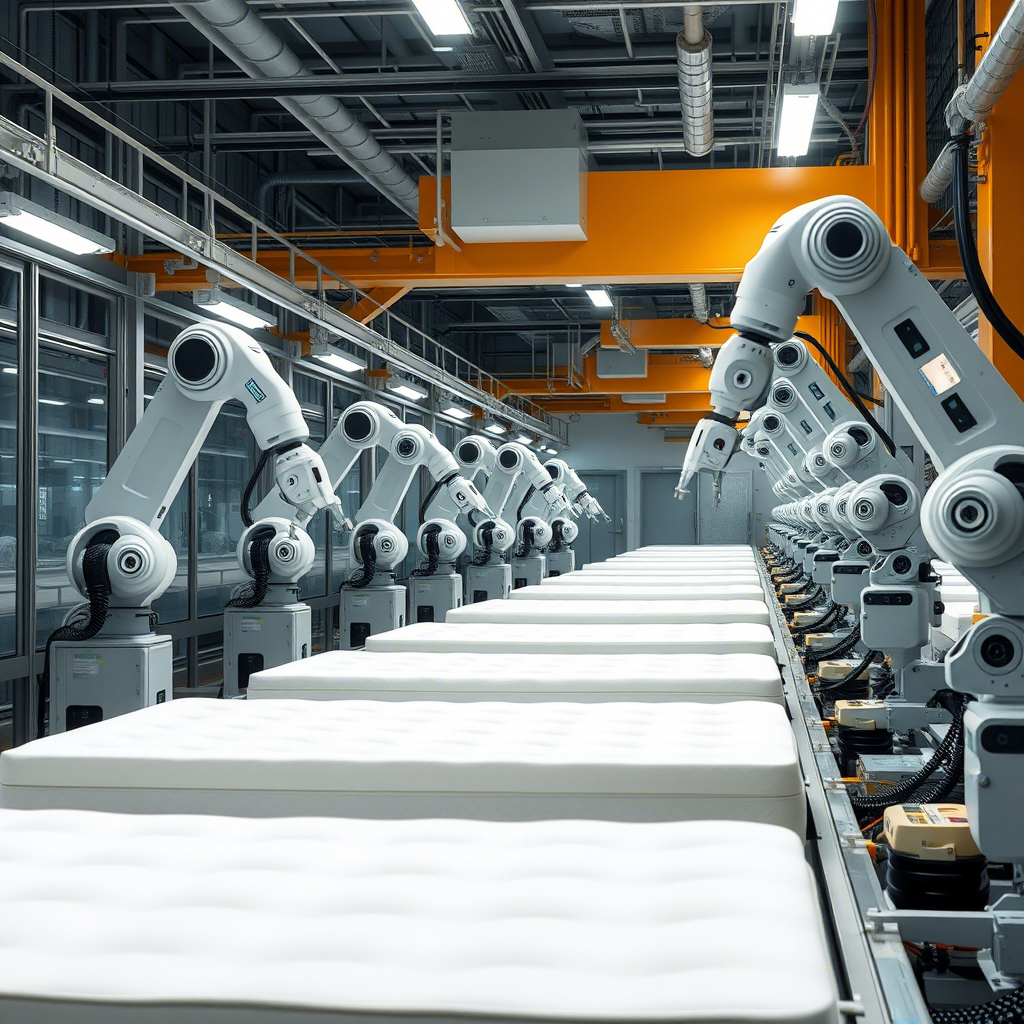A futuristic factory producing memory foam mattresses with robotic arms and advanced machinery.