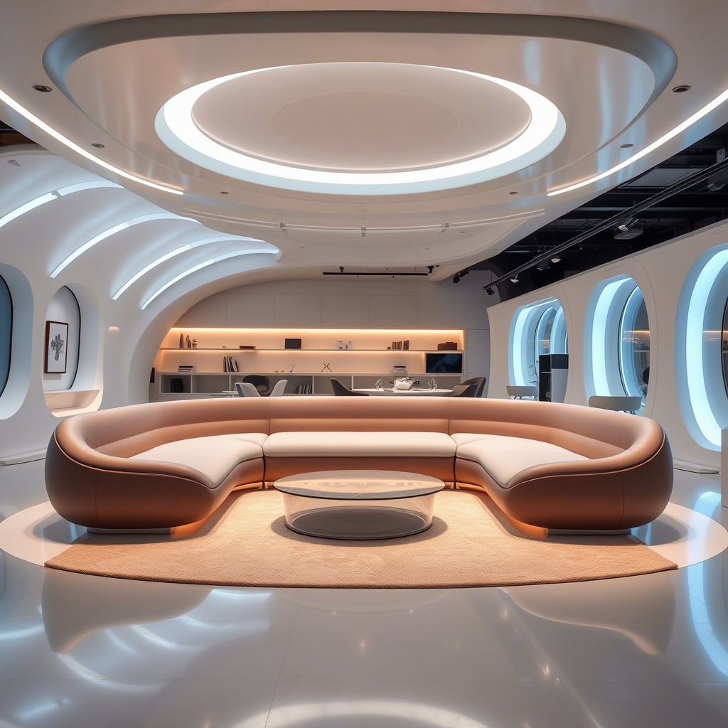 A futuristic furniture showroom featuring a sleek, modern memory foam sofa design, highlighting the design innovations in the industry.