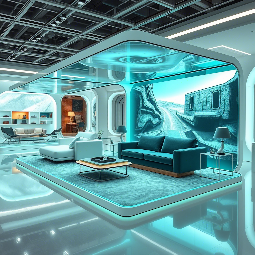 A futuristic furniture store with augmented reality displays showcasing memory foam sofas.