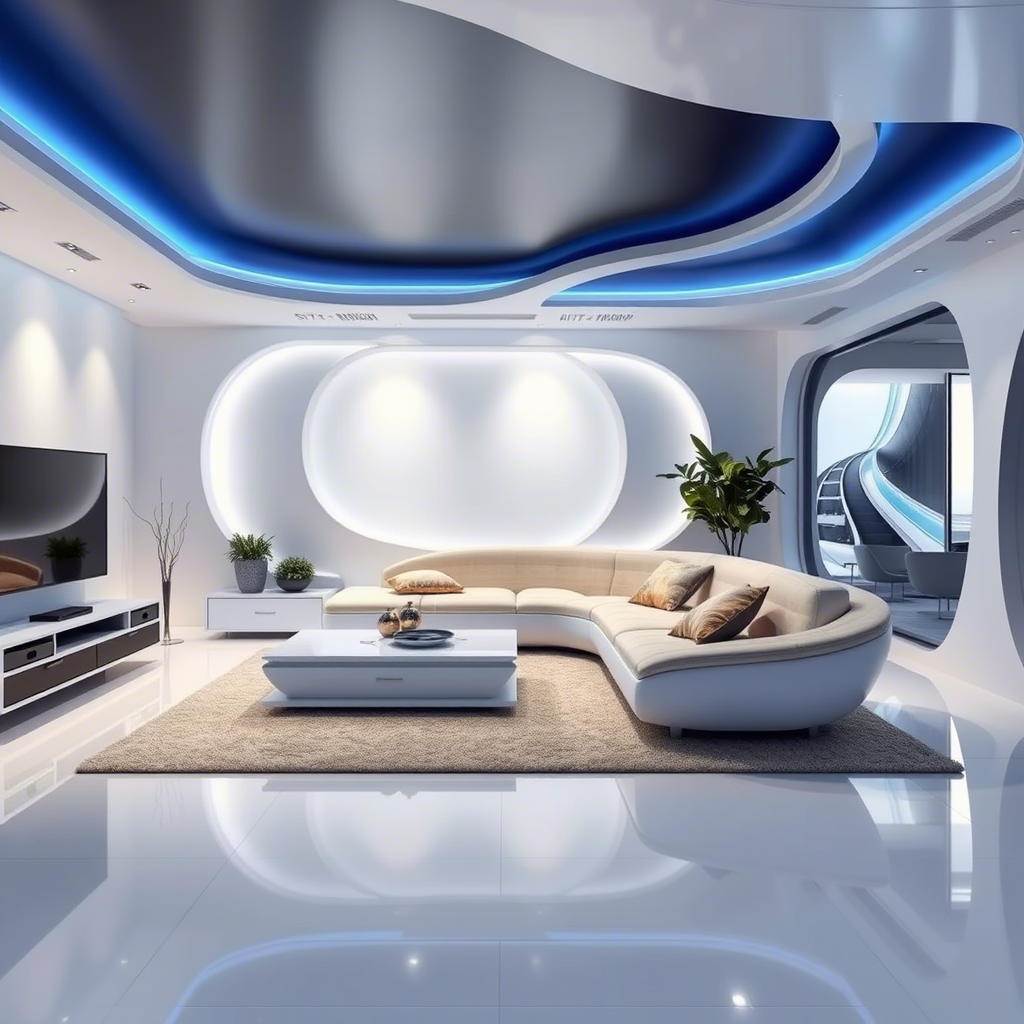A futuristic living room with a China-made memory foam sofa, surrounded by minimalist decor and sleek technology.