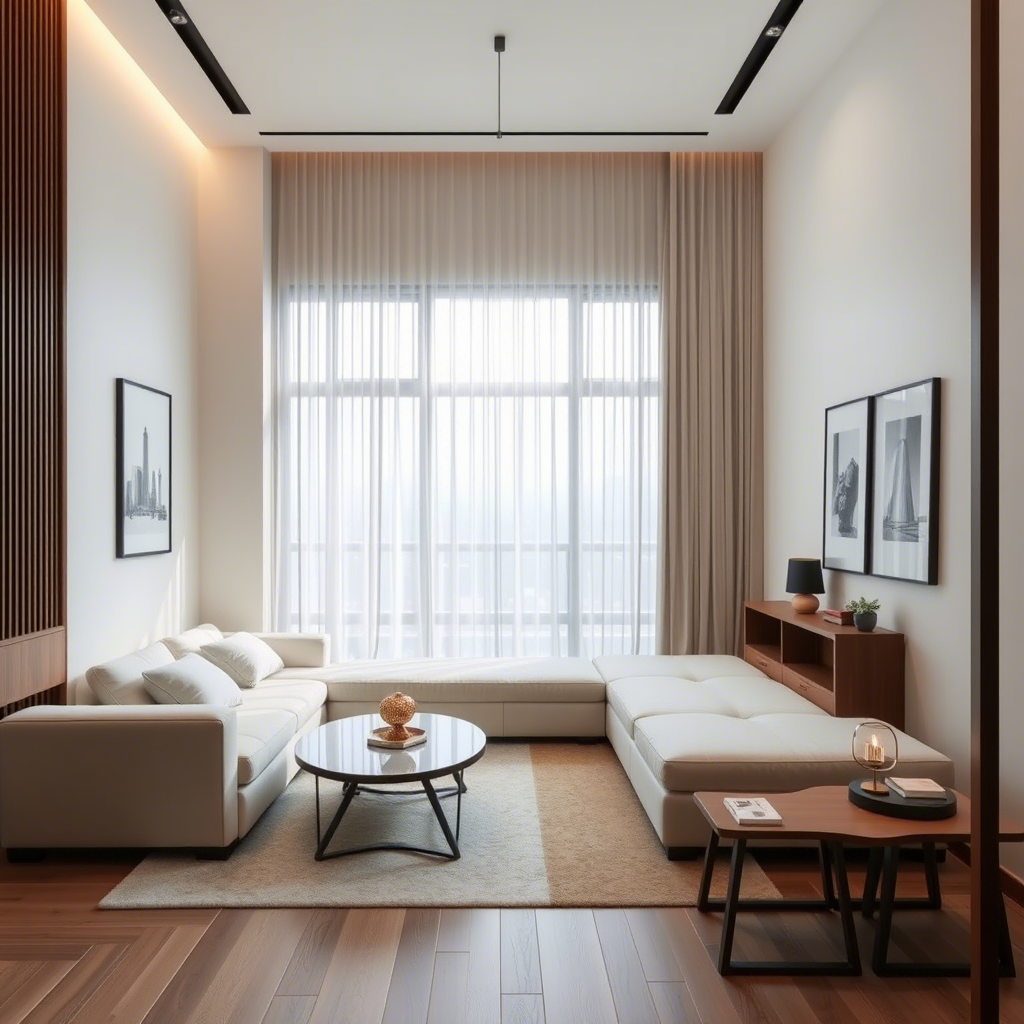 A modern Chinese living room with a sofa bed in a minimalist style.