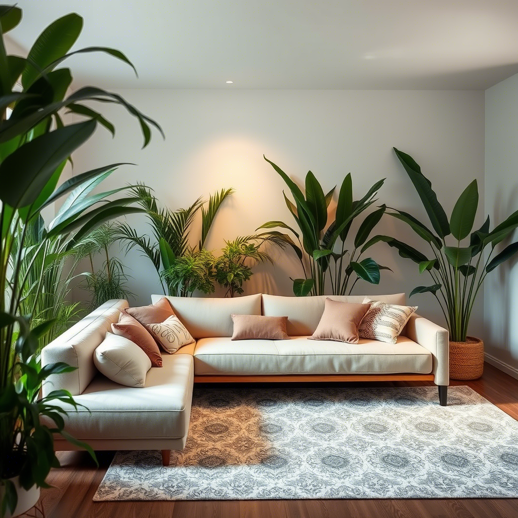 A serene living room with a stylish sofa bed, surrounded by lush greenery and soft lighting.