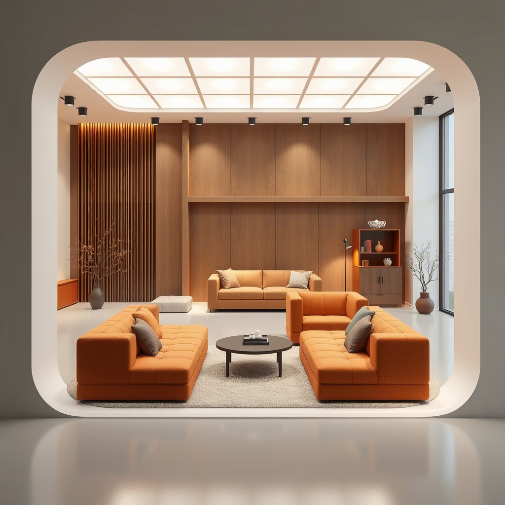A sleek digital showroom featuring 3D models of various memory foam sofas with Chinese cultural elements
