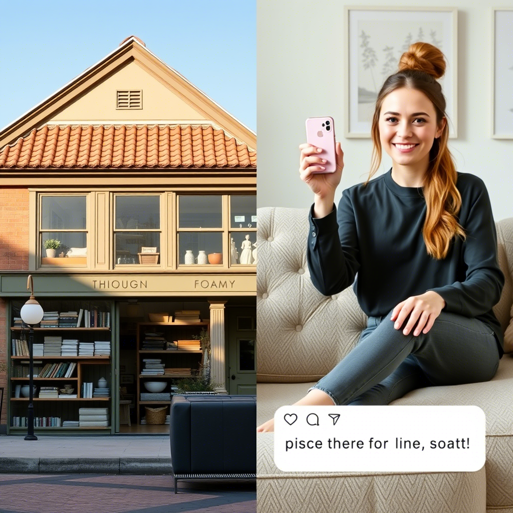 A split-screen image: a traditional furniture store next to a social media influencer promoting a modern memory foam sofa