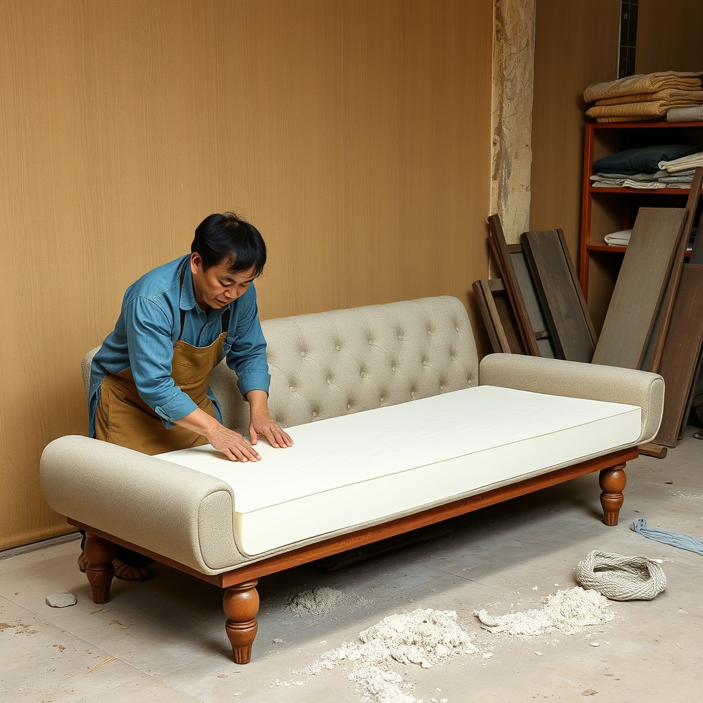 A traditional Chinese craftsman shaping memory foam into a sofa.