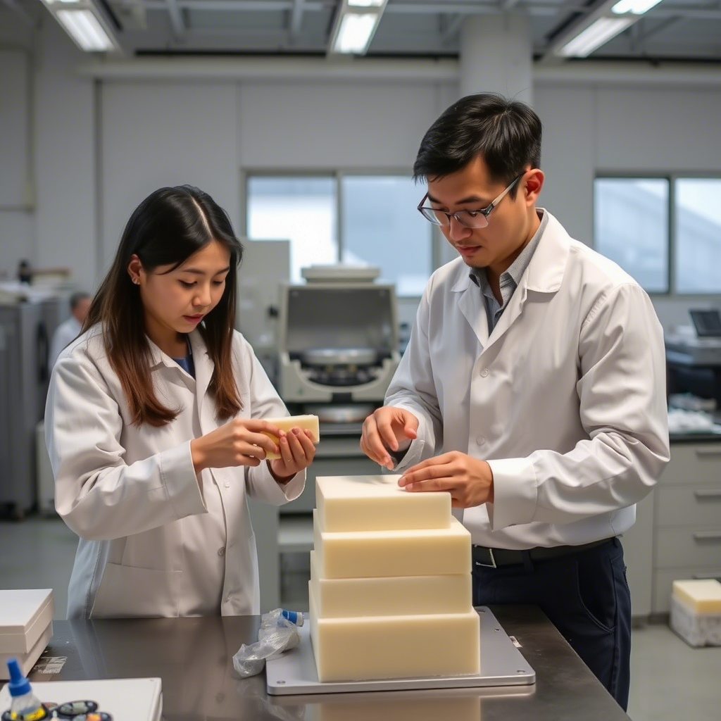 Chinese engineers testing memory foam samples in a laboratory setting