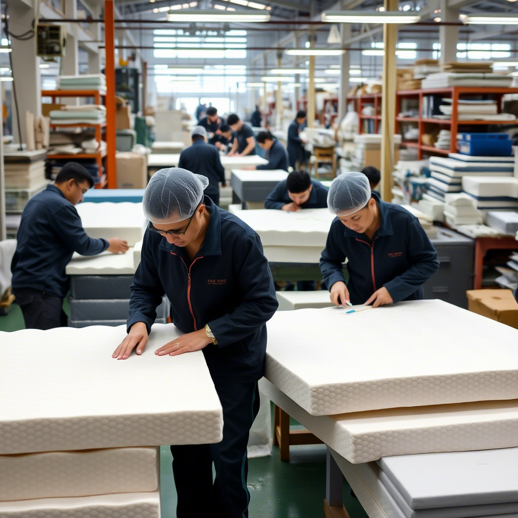 Chinese factory workers assembling memory foam sofa components in a bustling workshop.