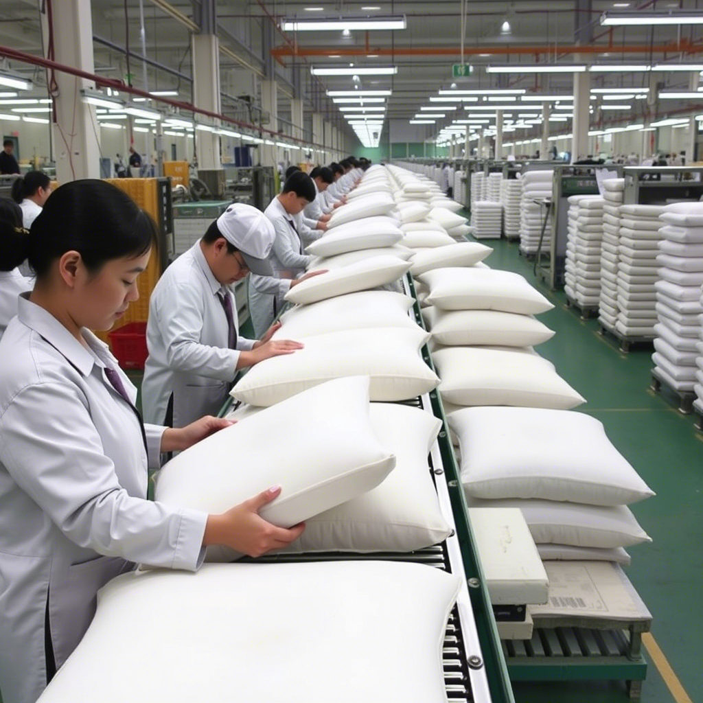 Chinese factory workers assembling memory foam sofa cushions on a production line, showcasing the manufacturing process behind the rise of memory foam sofas.