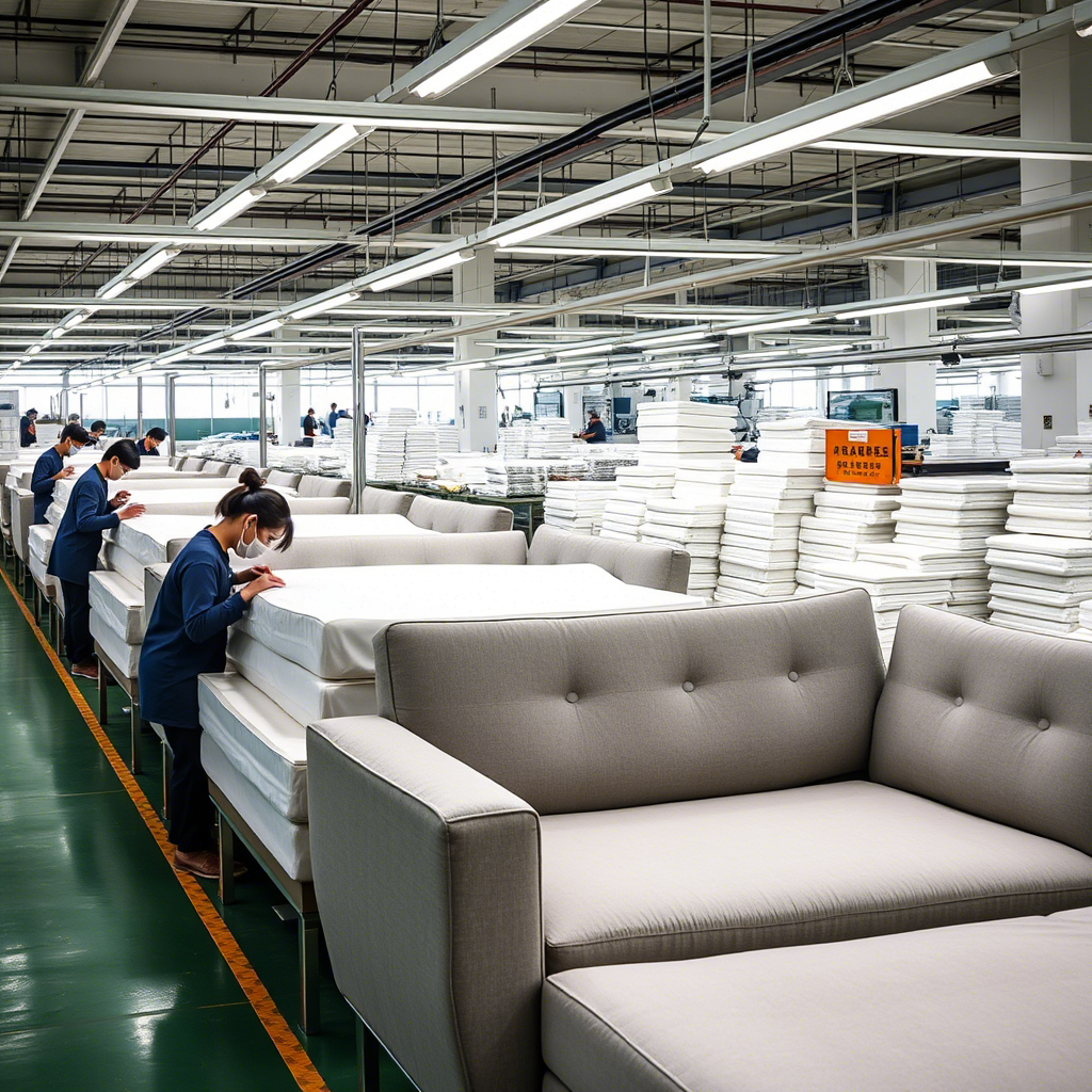 Chinese factory workers assembling memory foam sofas on a production line