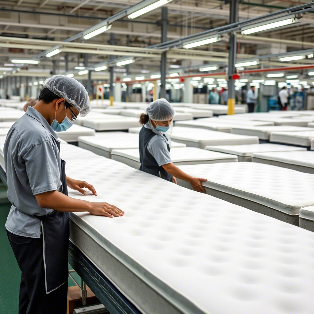 Chinese factory workers inspecting memory foam mattresses on a production line, ensuring quality and precision in every step of the manufacturing process