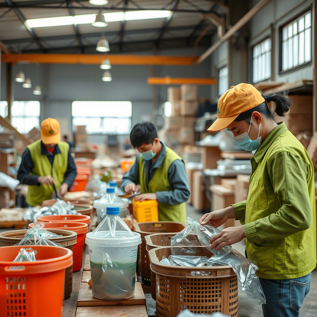 Chinese furniture factory workers implementing recycling practices on the production floor