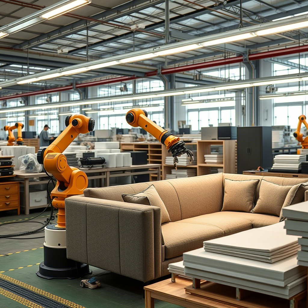 Chinese memory foam sofa factory with robotic arms assembling furniture