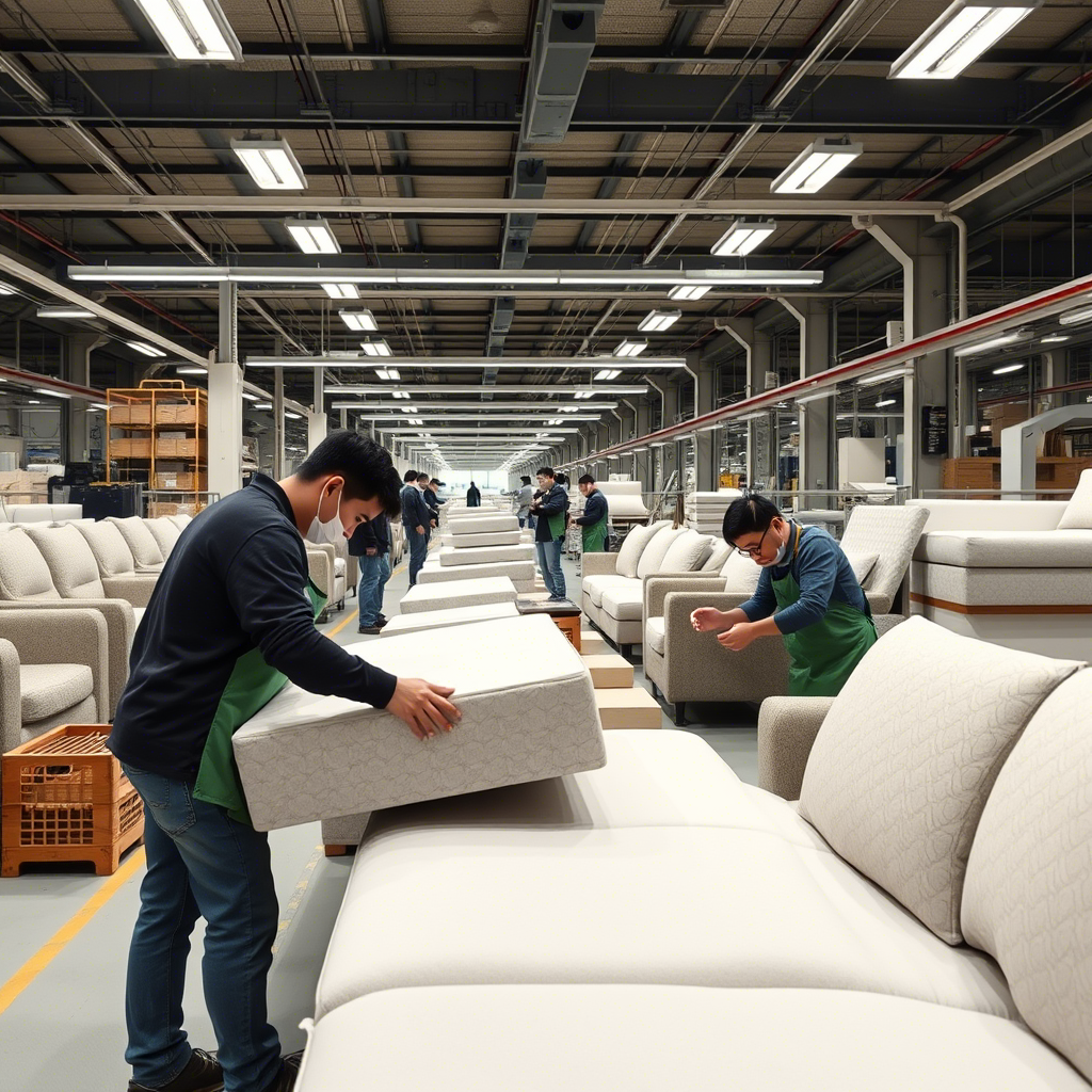 Chinese memory foam sofa factory workers assembling furniture in a modern production line