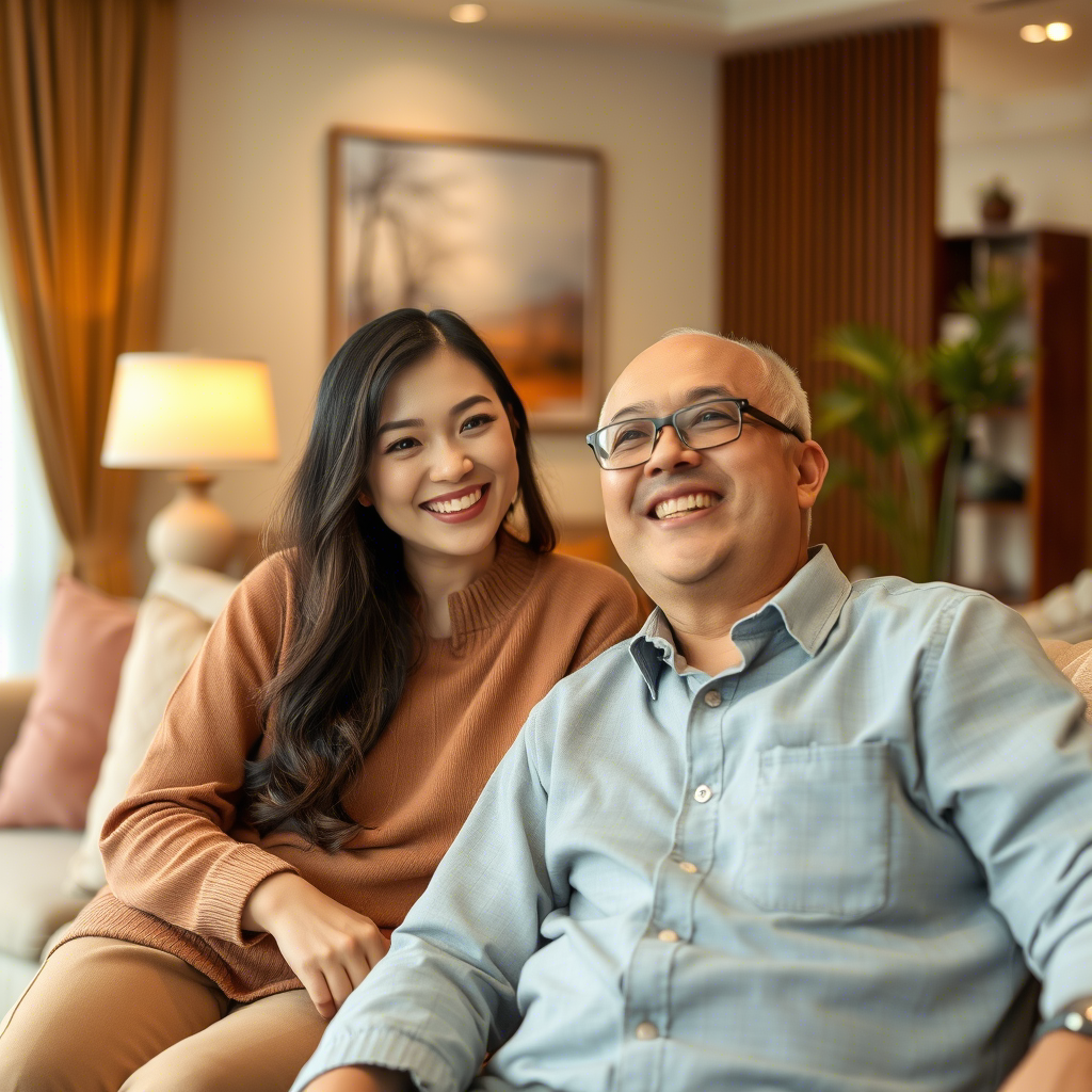 Chinese sofa supplier smiling with satisfied customer in a cozy living room.