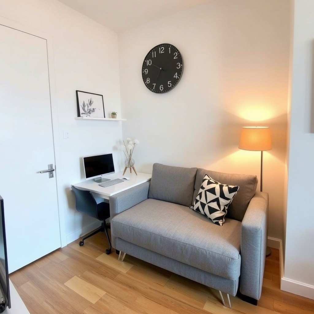 Compact home office with sofa bed and desk in a small apartment.