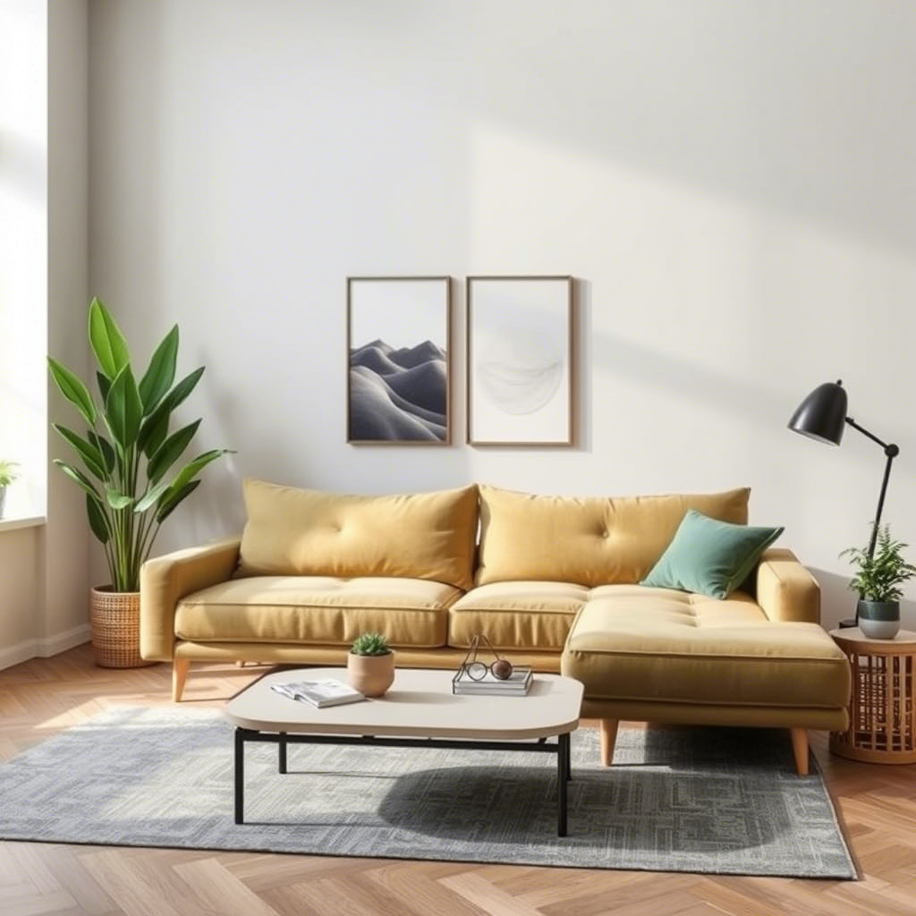 Compact sofa in a modern living room with eco-friendly decor