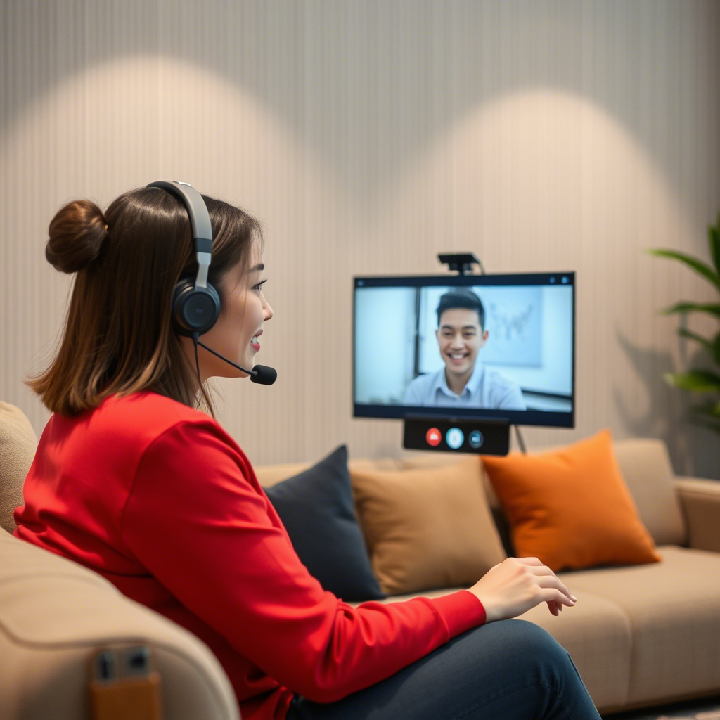 Customer service representative from China's compressed sofa company having a video call with a happy client.