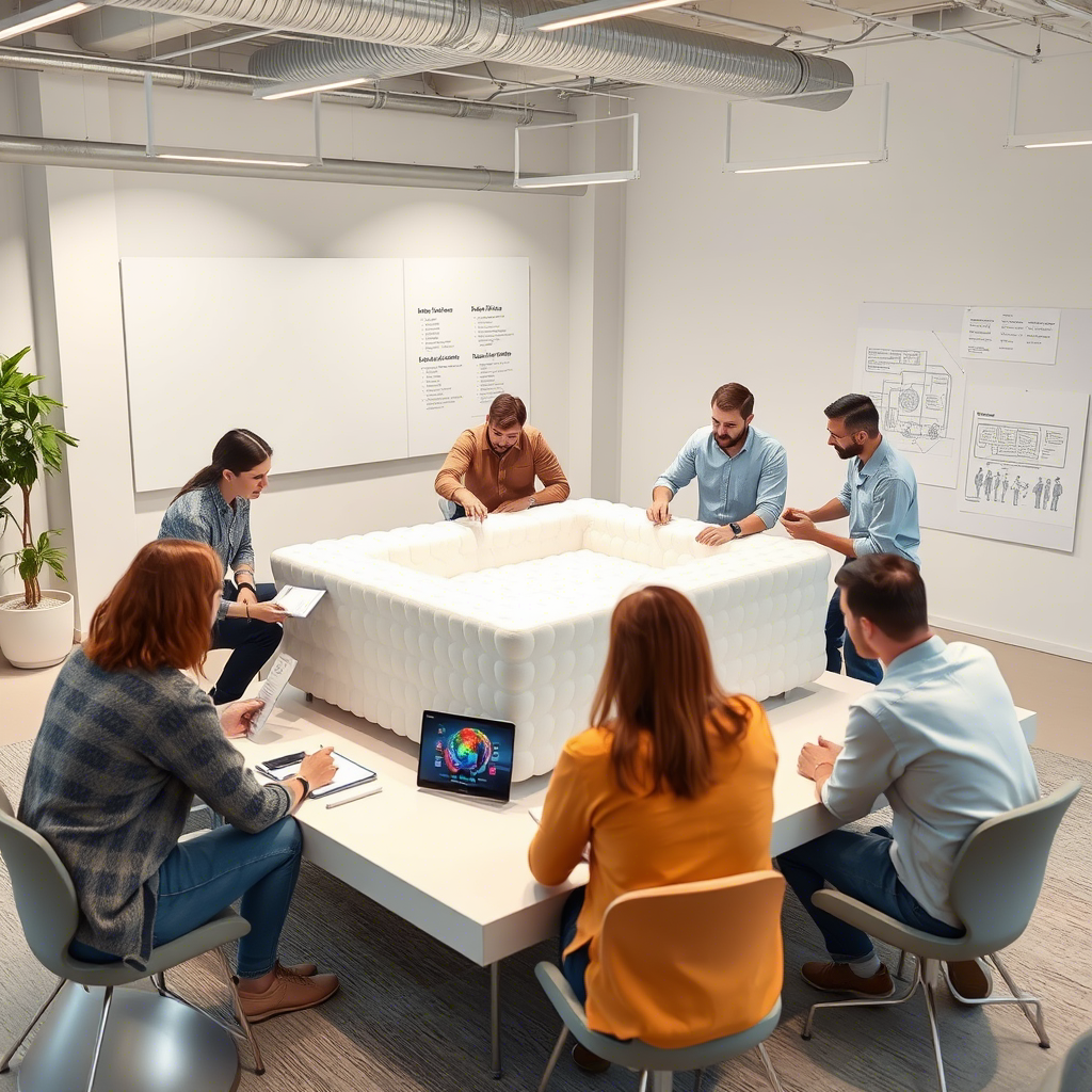 Design team brainstorming around a 3D memory foam sofa model, discussing the intricacies of memory foam sofa design
