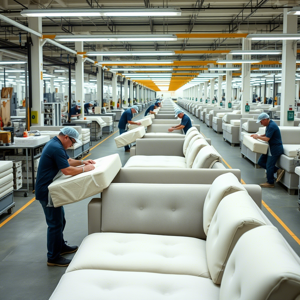 Factory production line with workers assembling memory foam sofas, showcasing the manufacturing process