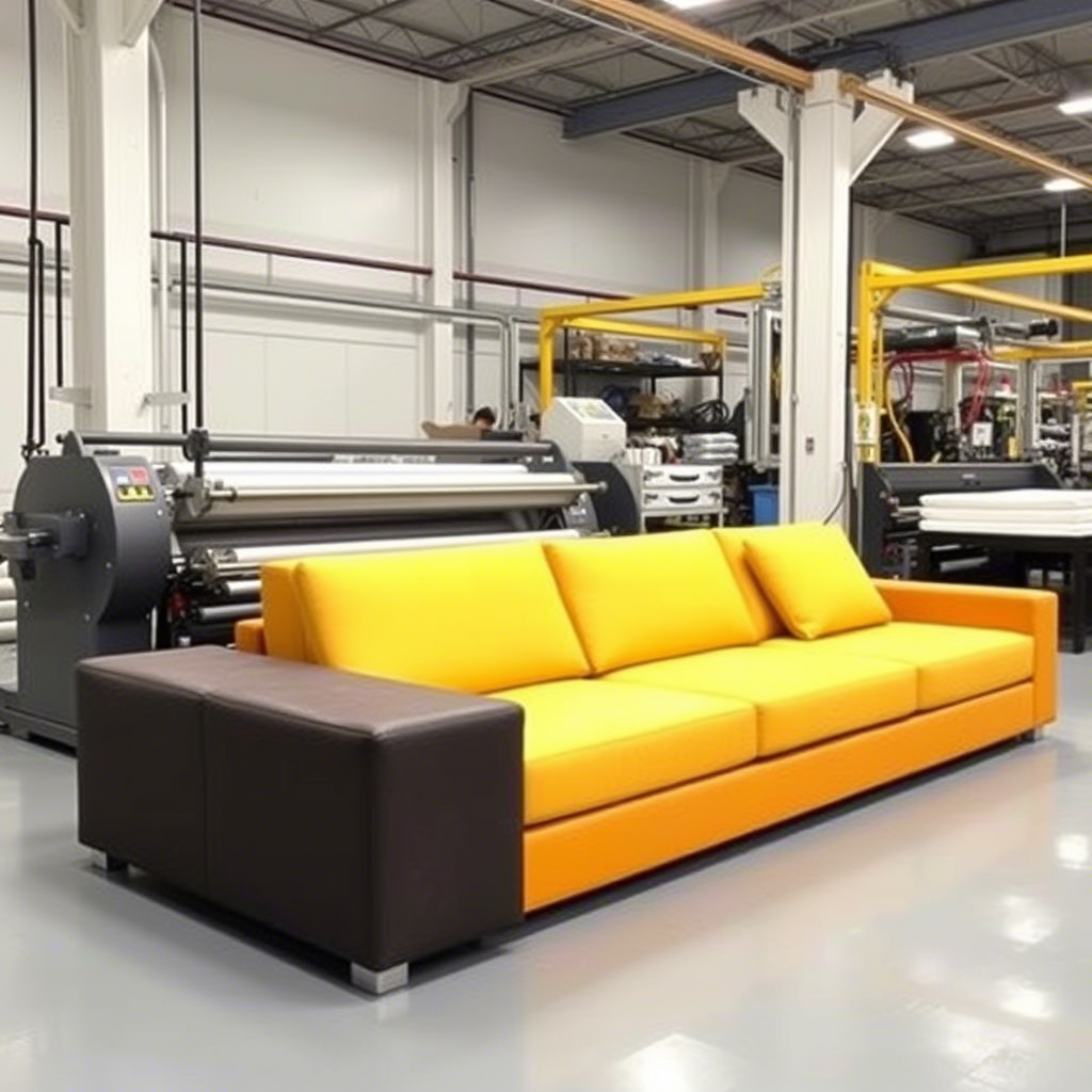 Manufacturing facility producing high-quality memory foam sofas with advanced machinery.