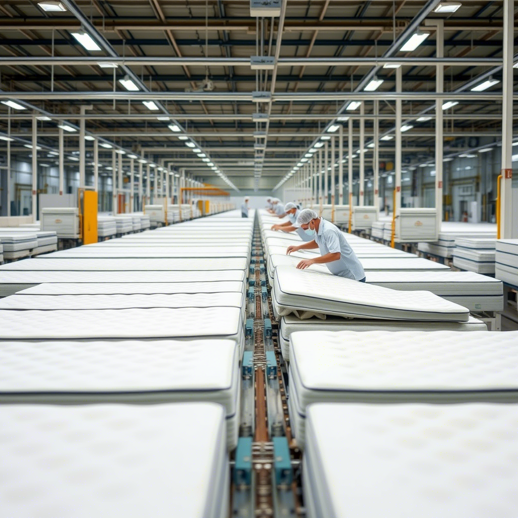 Memory foam factory workers assembling mattresses in a large production line