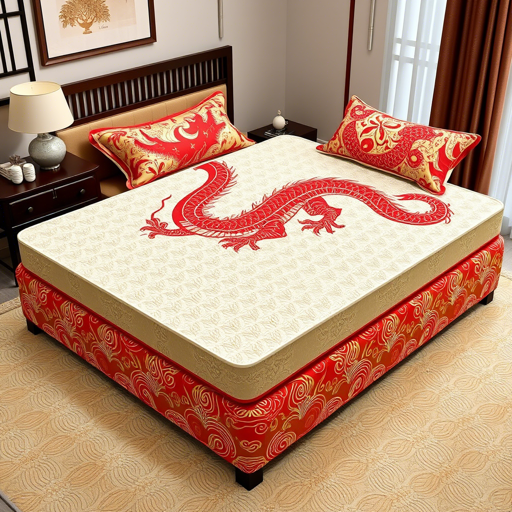 Memory foam mattress on a bed with a Chinese dragon pattern, showcasing the blend of traditional design with modern technology