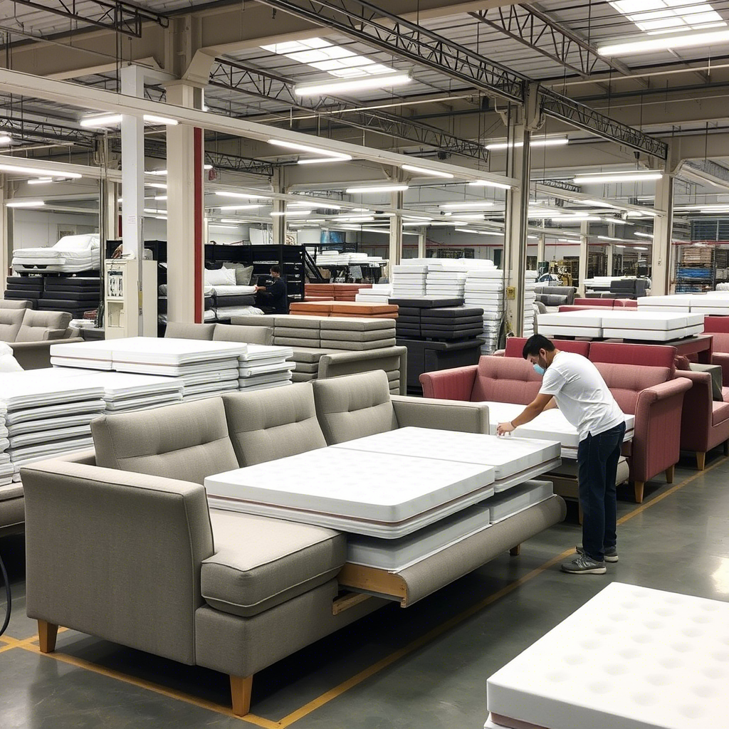 Memory foam sofa factory in China with workers assembling sofas